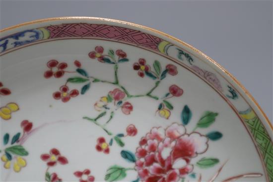 A Chinese export famille rose pheasant, peony and rockwork saucer dish, Qianlong period, diameter 22cm